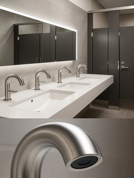 High traffic institutional restroom with coordinated vandal-resistant fixtures